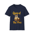 Fun Queen of the Pins Bowling T-Shirt, Soft Style Comfort Tee for Bowlers